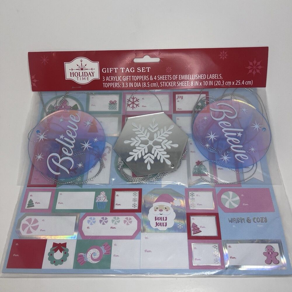 Holiday Time Gift Tag Set 3 Acrylic Gift Toppers & Sticker Label Sheets - NEW ~
